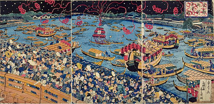江戸時代に隅田川（両国）で花火を楽しむ人々を描いた「東都両国夕涼之図」